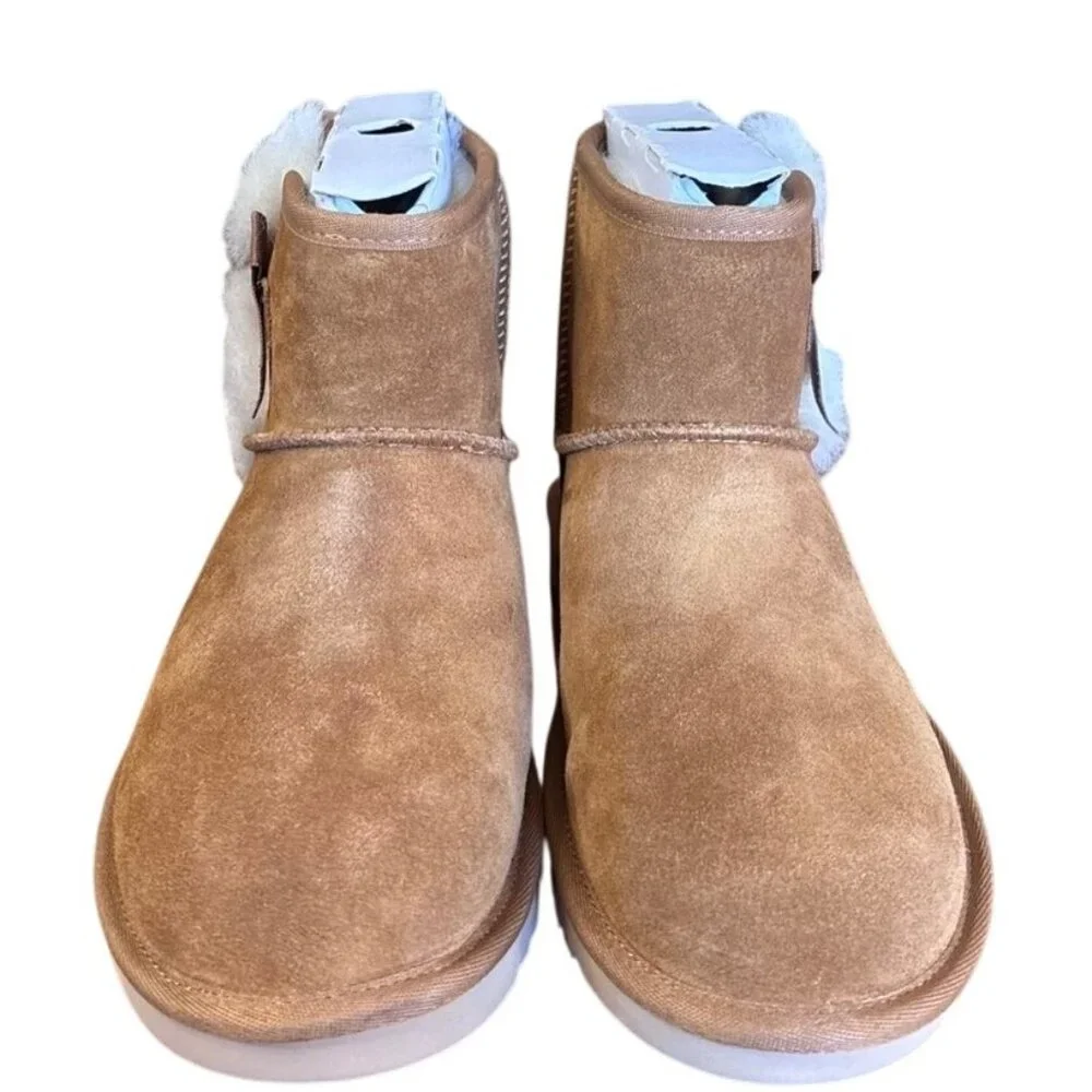 Koolaburra by UGG Victoria Mini Boots in Chestnut Suede Faux Fur Poms Size 7 New